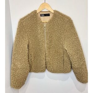 ZARA Brown Teddy Bear Faux Fur Jacket Small Zip Front Oversized Fluffy Camel EUC
